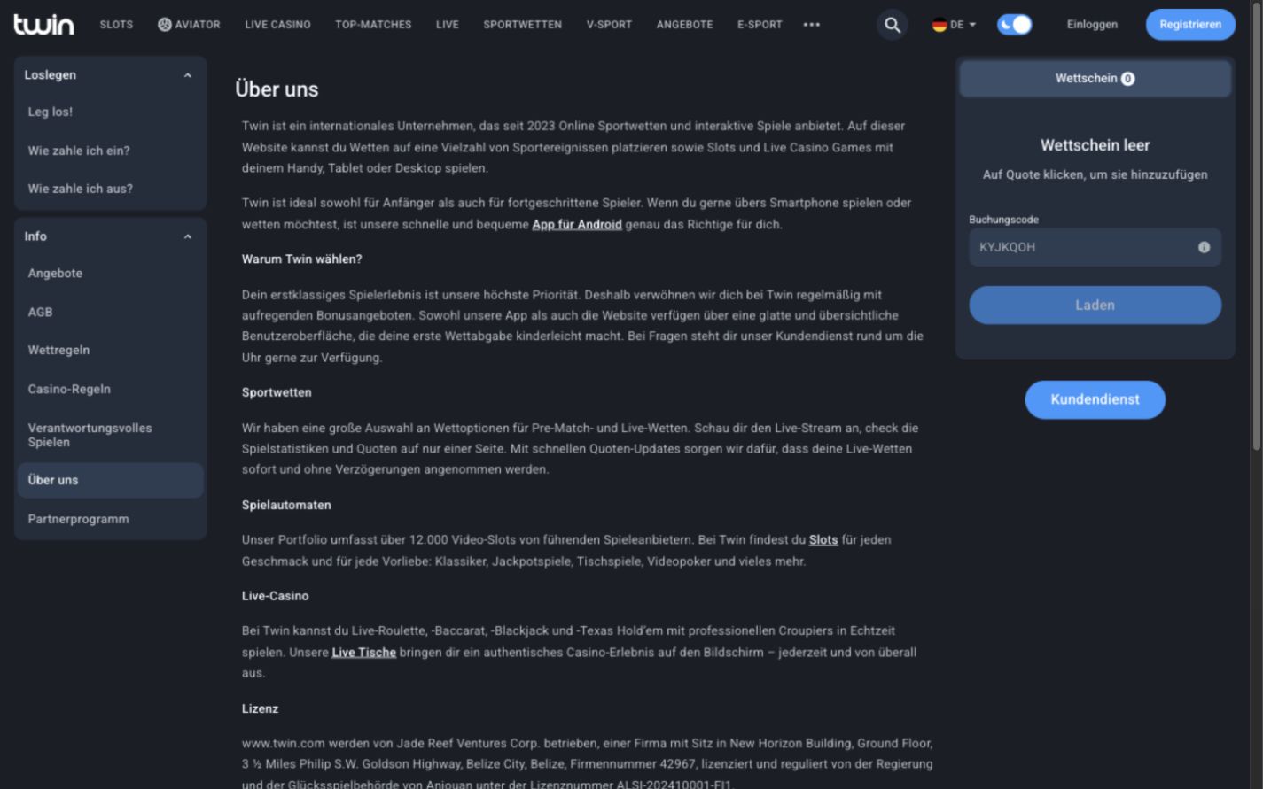 Desktop-Ansicht der deutschsprachigen Twin-Seite „Über uns“ mit Unternehmensbeschreibung und Abschnitten zu Sportwetten, Spielautomaten und Live-Casino
