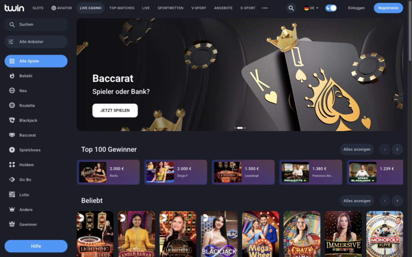 Desktop-Ansicht des Twin-Live-Casinos mit Baccarat-Banner, Spielkategorien und Live-Tischen