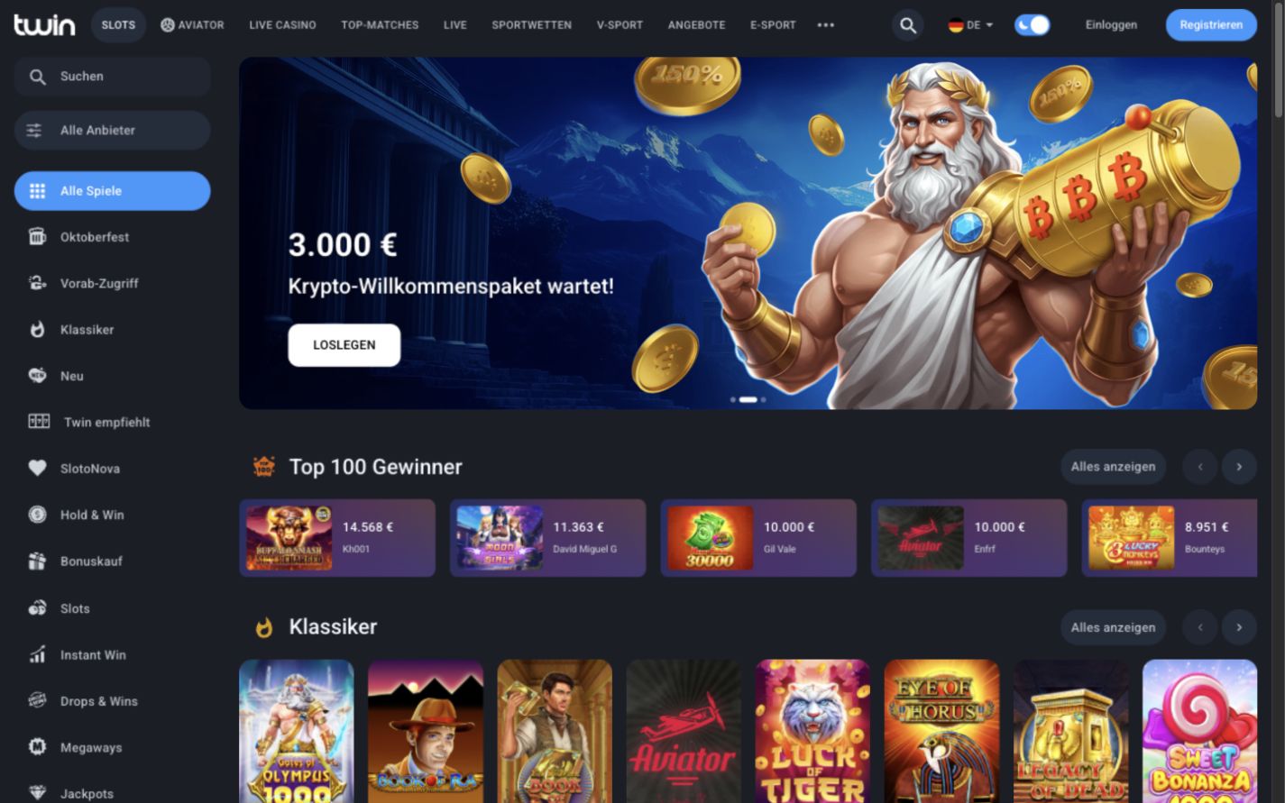 Desktop-Ansicht der deutschsprachigen Twin-Slot-Lobby mit Seitenmenü, Aktionsbanner und Spielreihen