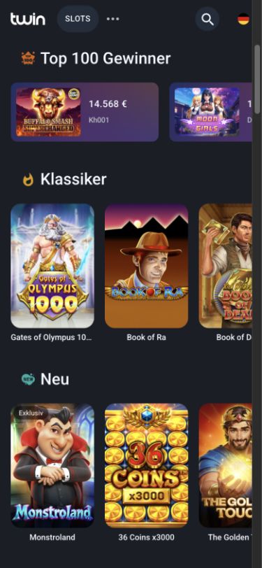 Mobile Ansicht des Twin-Slot-Katalogs mit den Bereichen „Top 100 Gewinner“, „Klassiker“ und „Neu“