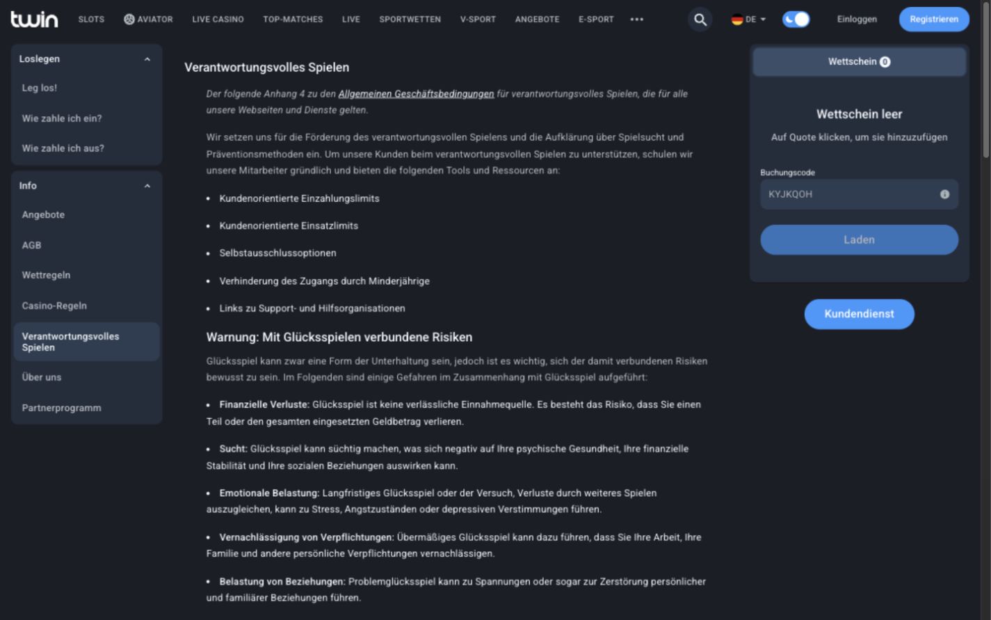 Desktop-Ansicht der Twin-Informationsseite „Verantwortungsvolles Spielen“ mit Hinweisen zu Limits, Selbstausschluss und Risiken